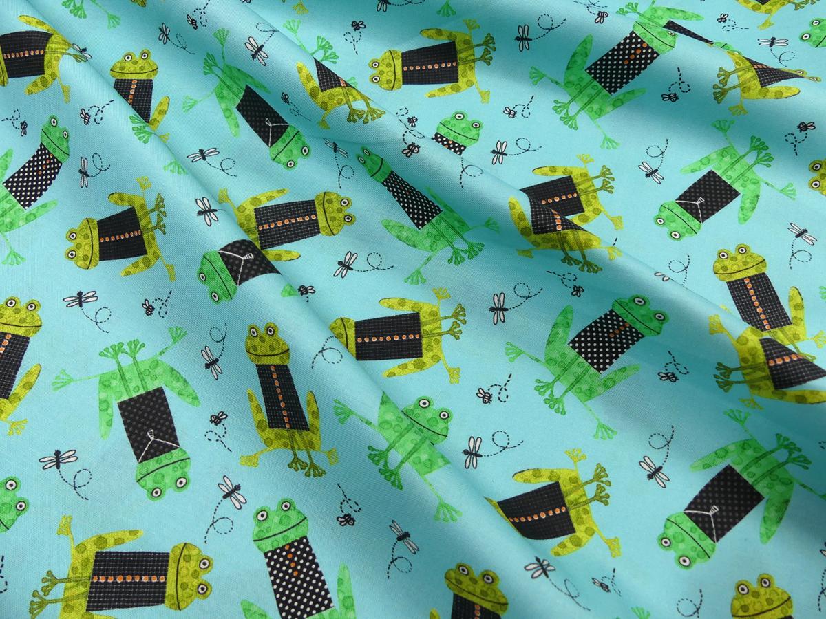 Patchworkstoff Frogtastic Frösche Libelle aqua grün gelb